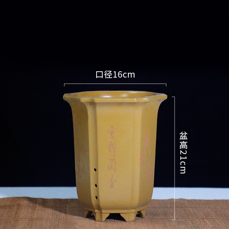 宜兴紫砂花盆手工刻绘六方宫灯盆桌面兰花绿植刻绘古典透气紫砂盆
