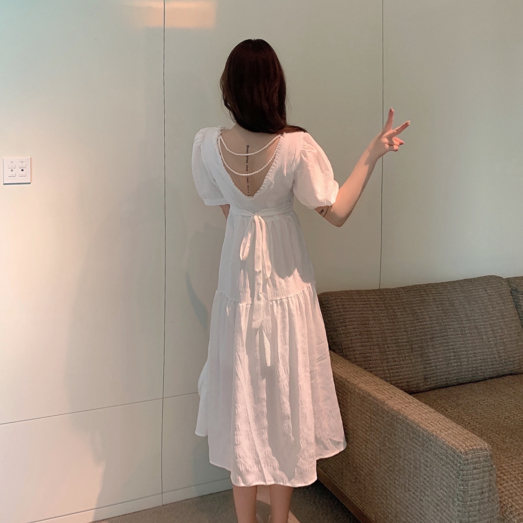 Real shooting and real price careful machine square collar wood ear side open back pearl bubble sleeve show thin Fairy Dress