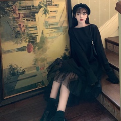 Real price dress women's loose fitting sweater with mesh fishtail irregular medium long skirt