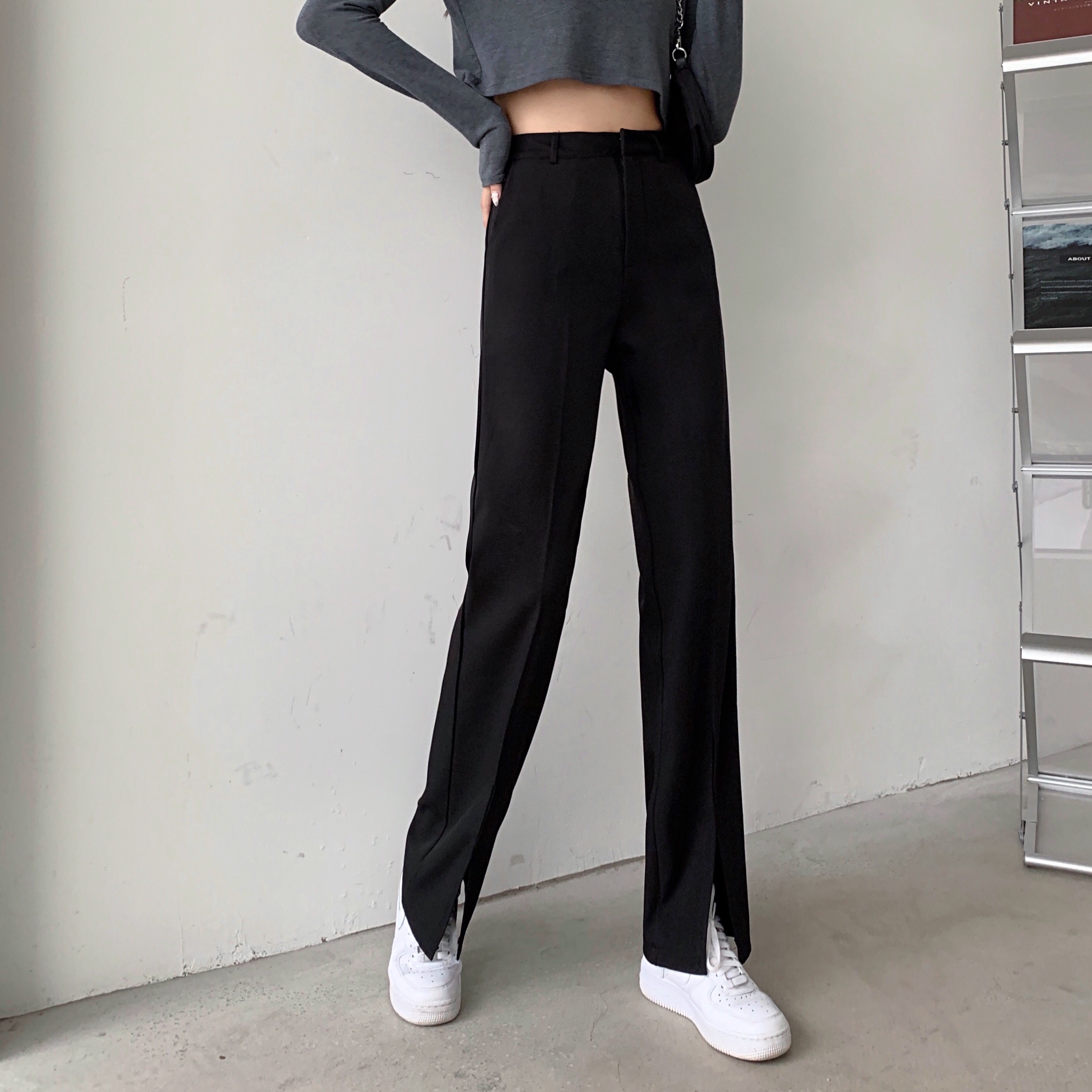 Real price front split wide leg suit pants women's loose high waist straight tube floor dragging casual pants