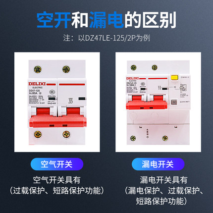 德力西漏电断路器DZ47LE125 2P空气开关125A漏电保护器100A家用