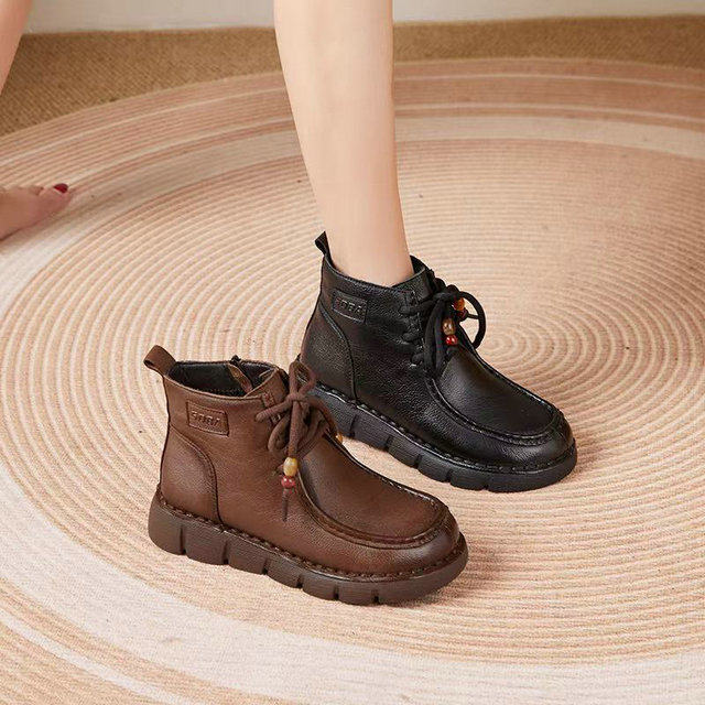 巨康2025年冬季新款加绒头层牛皮复古真皮女鞋厚底系带休闲鞋软底,女鞋,时装靴,淘宝优惠券,粉丝福利购,淘宝优惠卷