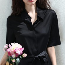 弹力真丝气质显瘦衬衫连衣裙桑蚕丝纯色小个子收腰时尚百搭中长裙