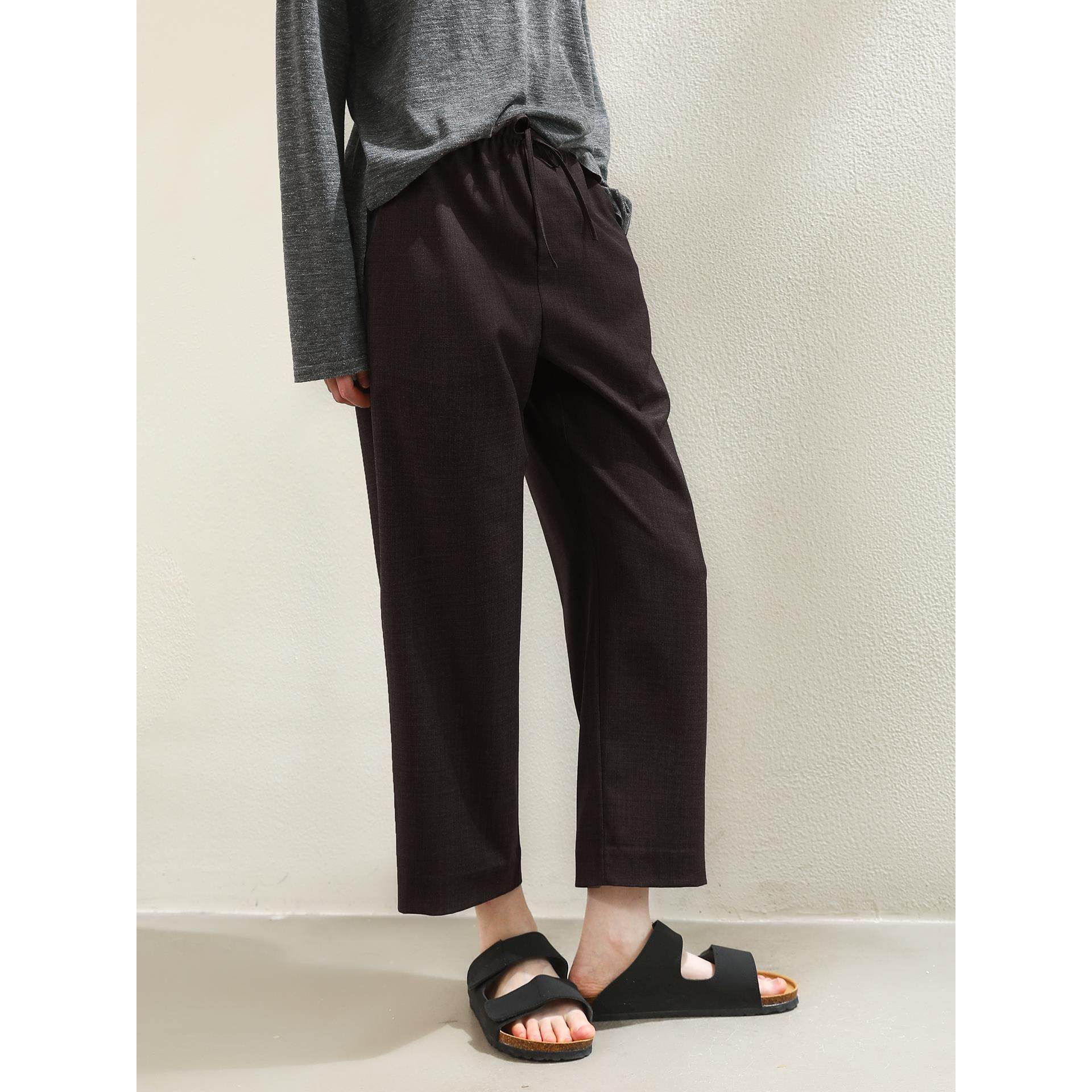 50%羊毛简约休闲直筒阔腿裤松紧腰通勤西装裤秋显瘦小个子九分裤