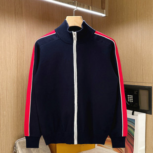 针织衫 半高领上衣开衫 男 休闲新款 欧洲站潮流拼色毛衣拉链外套男款