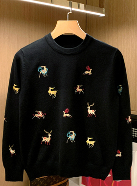 欧美潮牌圣诞麋鹿刺绣毛衣男秋冬款潮流个性修身上衣圆领针织衫男