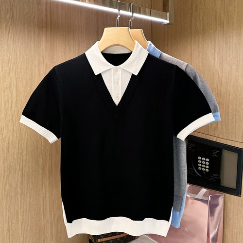 夏季短袖复古风假两件拼色polo衫