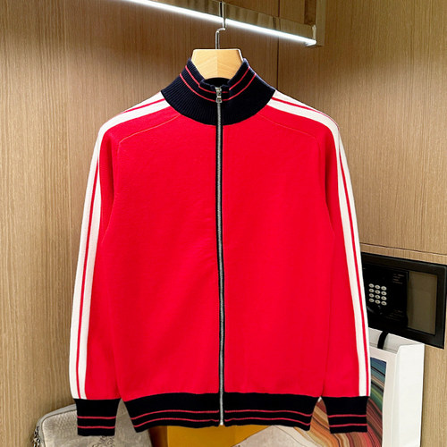 开衫针织半高领撞色条纹毛衣外套