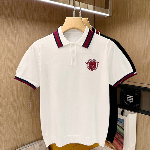 夏季短袖逛街蛇图刺绣拼色polo衫