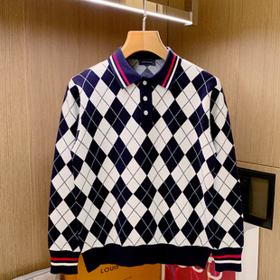 时尚 polo衫 复古翻领针织衫 长袖 男 男秋冬拼色菱格修身 英伦痞帅男装