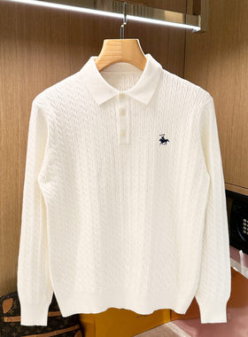 老钱风男装高级白色修身polo衫男长袖美式复古时尚绞花翻领毛衣男