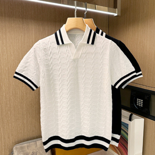 新款 男高级复古拼色条纹修身 夏季 潮流镂空翻领针织短袖 男士 polo衫