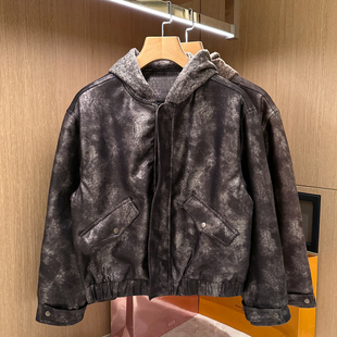 夹克连帽外套 潮流街头休闲保暖短款 美式 复古做旧裂纹PU皮衣男冬季