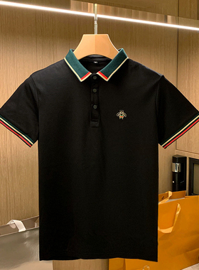 欧洲站轻奢小蜜蜂刺绣t恤男士短袖 潮流新款修身翻领上衣polo衫男