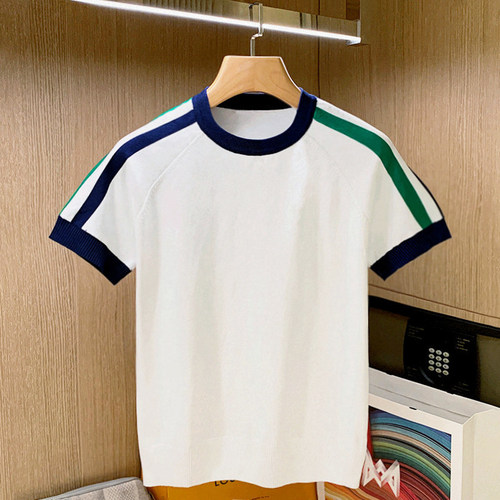 短袖休闲运动风青年拼色条纹t恤