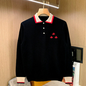 男装 拼色上衣polo衫 男长袖 秋冬新款 小蜜蜂刺绣高级黑色翻领针织衫