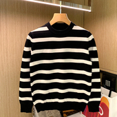 秋冬新款 圆领毛衣男款 复古撞色黑白条纹针织衫 男上衣潮流拼色修身