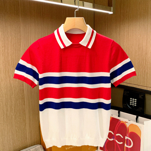 夏季短袖逛街拼色条纹polo衫透气