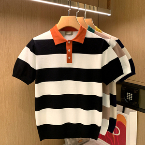 雅痞青年时尚男款上衣针织polo衫男 英伦商务拼色条纹男士t恤短袖