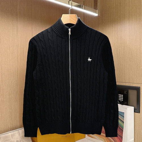 开衫针织半高领麻花毛衣外套老钱