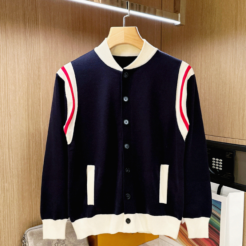 开衫针织棒球领拼接毛衣潮流复古