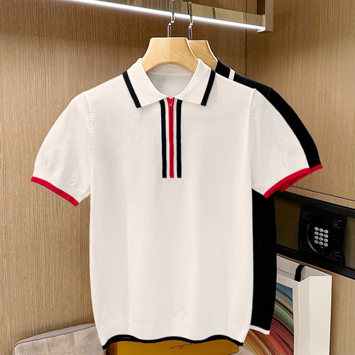 夏季短袖休闲日常拼色条纹polo衫