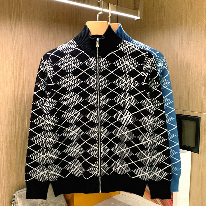 开衫针织衫半高拉链菱格毛衣复古