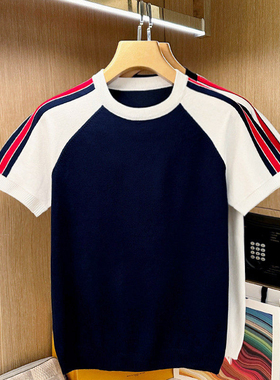 欧洲站潮流拼色条纹修身t恤男 夏季衣服男款休闲运动风针织短袖男