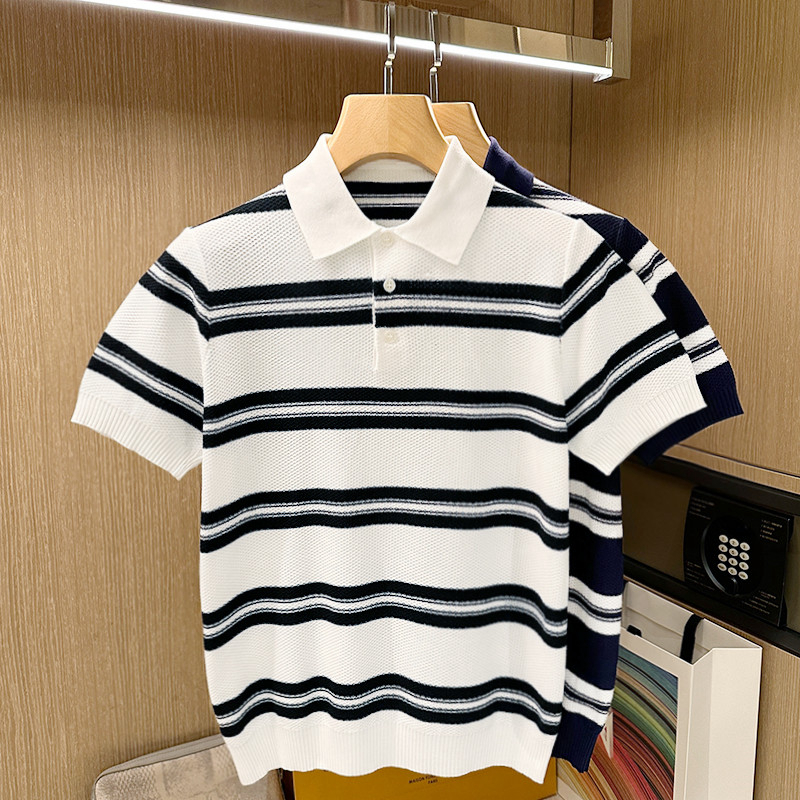 复古老钱风肌理感针织短袖polo 夏季新款高级拼色条纹翻领修身t恤