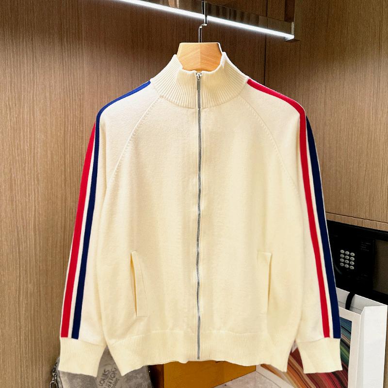 开衫针织半高领条纹拼色毛衣外套