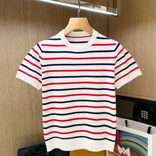 短袖小清新青年拼色条纹t恤洋气