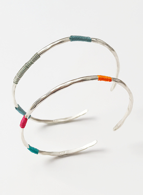 S925银极细原创手工编彩绳手镯叠戴新中式百搭银镯子