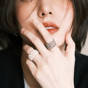 重工梭编手工淡水珍珠戒指韩系蕾丝风珠珠微弹力戒指高定奢华法式