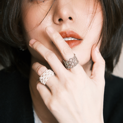 重工梭编手工淡水珍珠戒指韩系蕾丝风珠珠微弹力戒指高定奢华法式