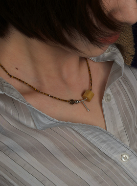 原创设计板栗太妃糖虎眼石S925银项链新中式串珠高级感锁骨链设计