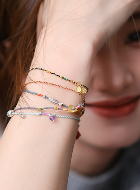 momo原创彩色新中式编绳叠戴手链925银配饰文艺小清新编织可调节