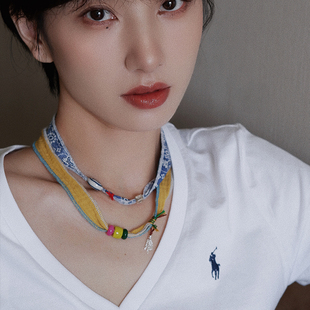 正版原创棉麻布艺手工项链民族风彩色百搭缠绕项链手链彩石陶瓷坠