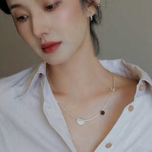 小众设计感手工泰银半圈吊坠搭茶晶锁骨链高级感秋冬项链轻奢