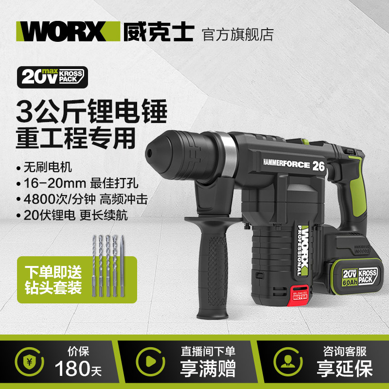 威克士28mm锂电无刷电锤WU399重工程专用无线充电电捶电动工具