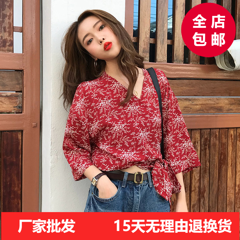 夏日韩版V领交叉绑带气质宽松百搭复古衬衫上衣秒杀女装批发包邮