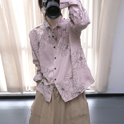 复古文艺娴雅刺绣花麻料衬衫