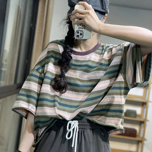 素凡卡夏季休闲韩版日系超宽松显瘦ins慵懒风撞色条纹T恤衫女上衣
