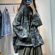 潮流港风棉质休闲连帽开扣迷彩风衣外套女 蝙蝠袖 秋季 日韩宽松大码