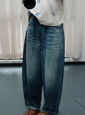 素凡卡早秋新款复古文艺松紧腰宽松显瘦百搭渐变蓝色牛仔阔腿裤女