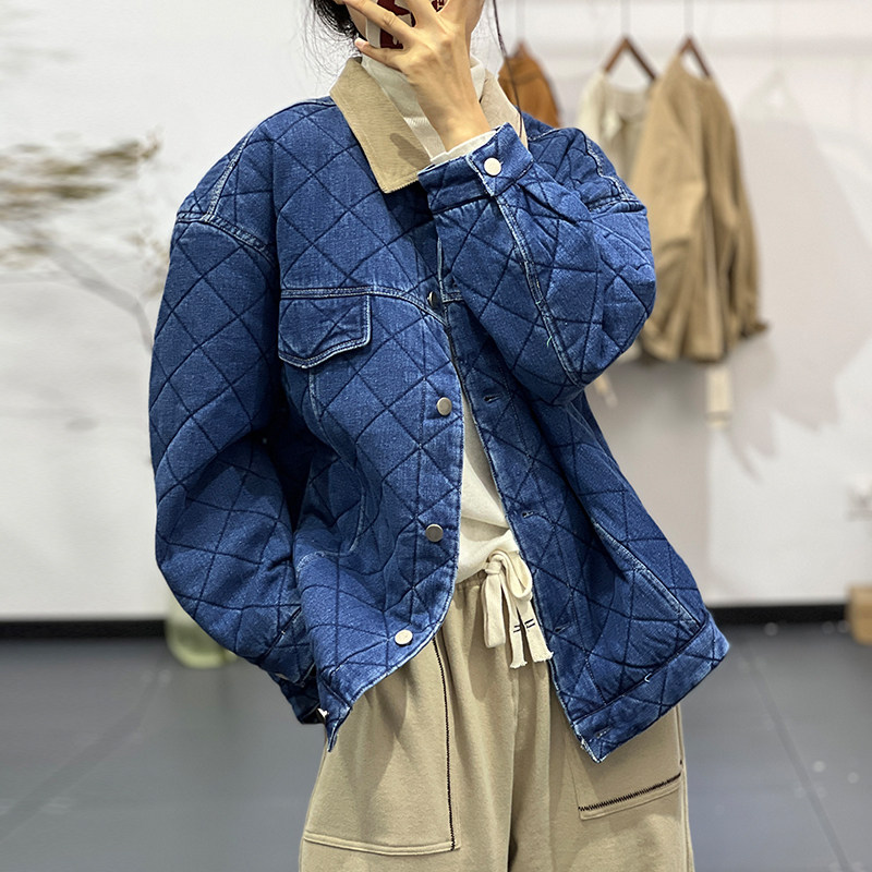 素凡卡冬季新款韩系文艺港味净色菱格撞色领棉服宽松厚款牛仔外套