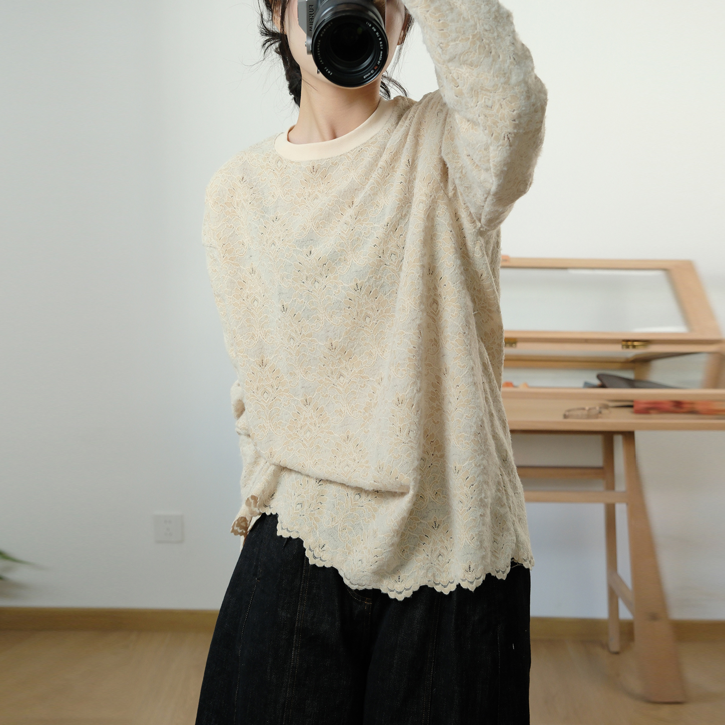 韩系洋气螺纹领蕾丝上衣