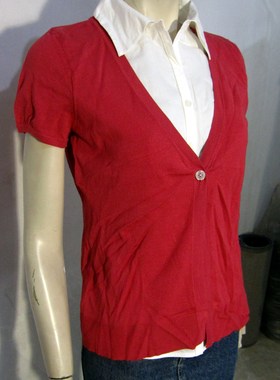 anntaylor 春秋季纯棉loft外贸红色假两件T恤女士针织衫M包邮