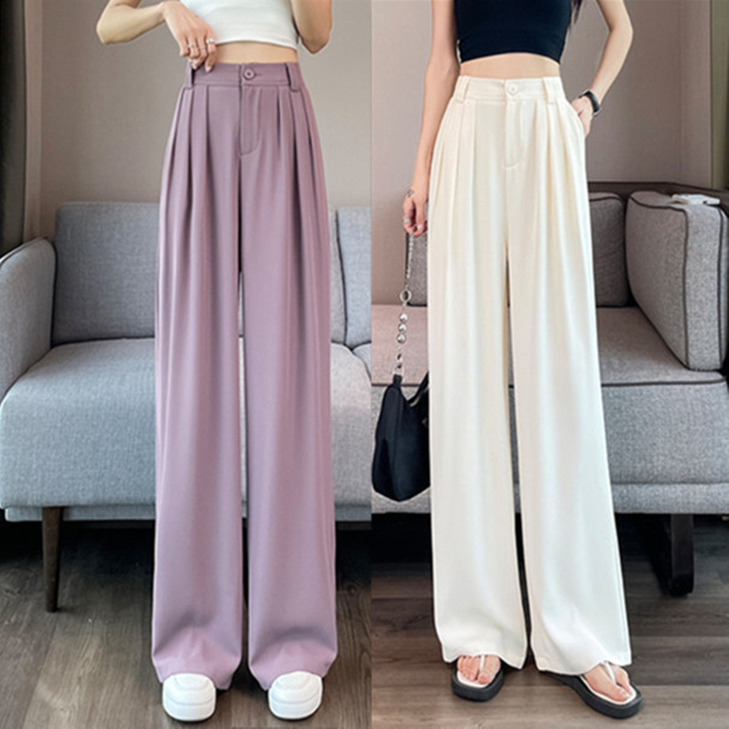 小个子冰丝西装阔腿裤女夏季大码胖mm高腰宽松垂感直筒休闲长裤