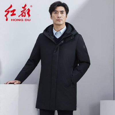 红都冬装新款男装羽绒服中长款时尚中青年连帽男士保暖厚款男外套