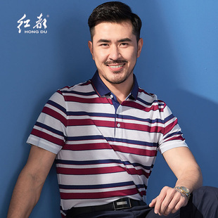 红都短袖T恤男条纹簿款中年短袖商务休闲棉男装半袖T恤衫